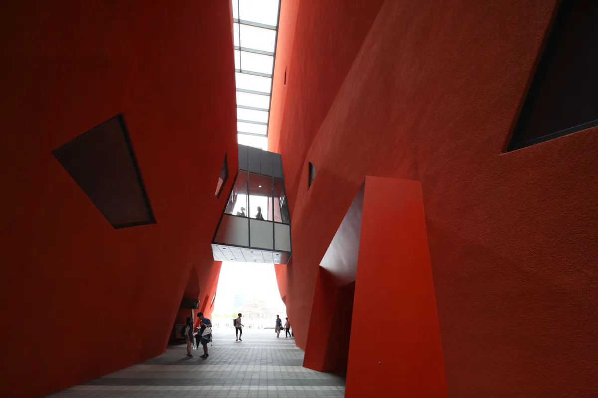 Red interior passage inside a pavilion at the Yeosu World Expo site